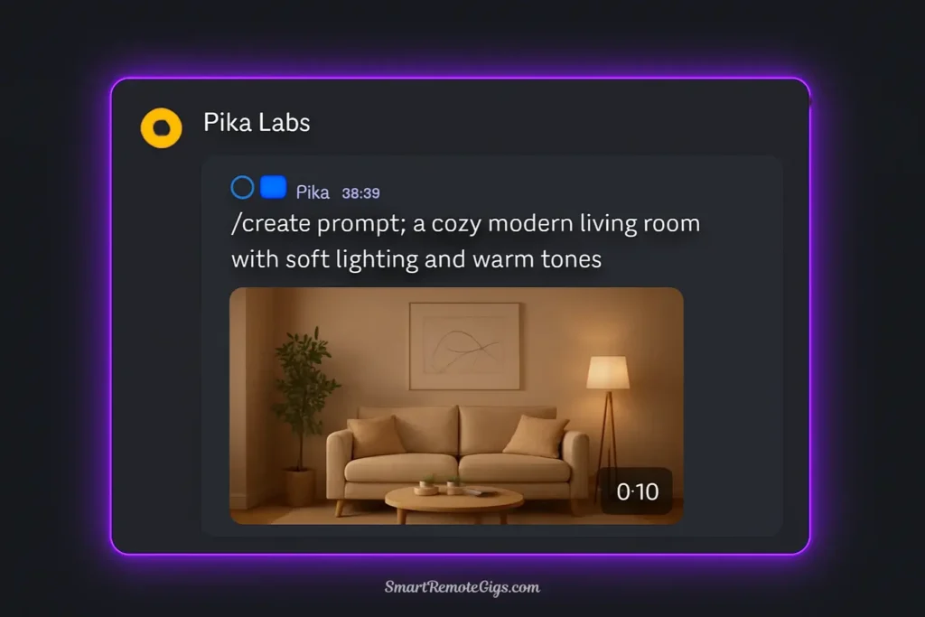 A screenshot of the Pika Labs interface within Discord, demonstrating its simple, command-based workflow for generating AI video.