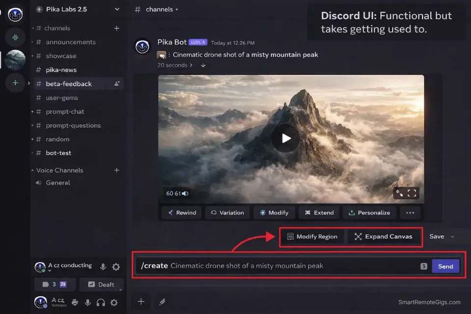 Real screenshot of Pika Labs 2.5 Discord interface showing text-to-video generation and the Modify Region tool.