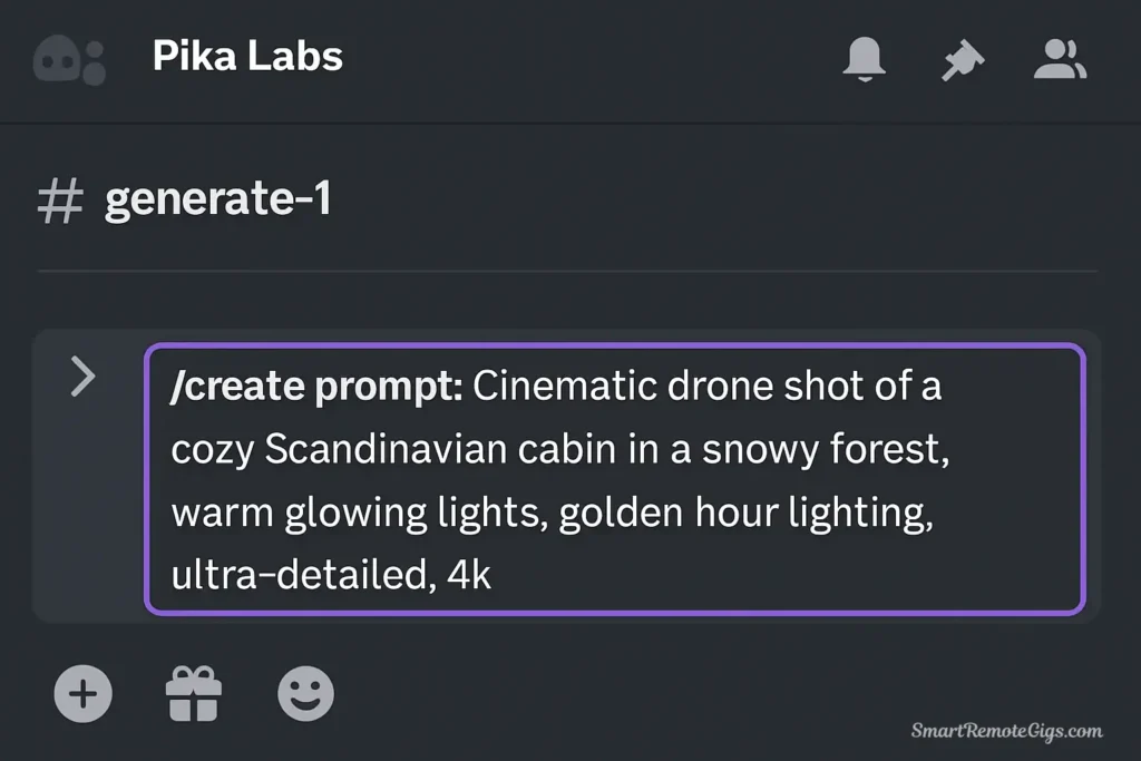 A screenshot of the Pika Labs interface within Discord, showing a user typing a detailed text-to-video prompt using the "/create" command.