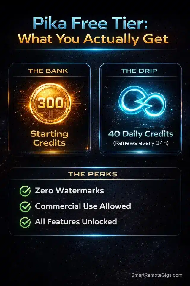 Breakdown of Pika Labs free tier showing 300 starting credits, 40 daily credits, and no watermarks.