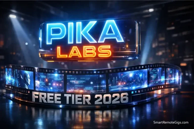 3D illustration of Pika Labs free tier 2026 showing AI video generation filmstrips.