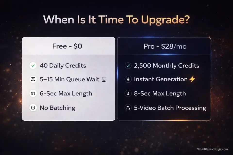 Pika Labs pricing comparison chart showing Free plan versus $28 per month Pro plan features.