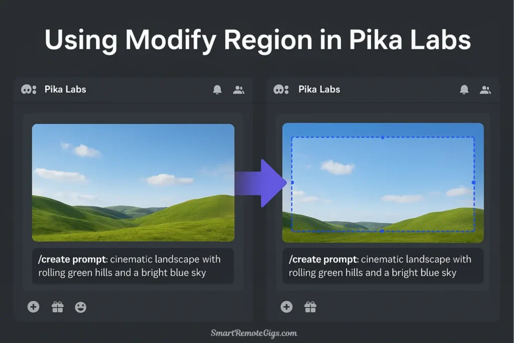 A side-by-side screenshot demonstrating the "Modify Region" feature in Pika Labs, showing how a user can select a specific part of a video to change with a new prompt.
