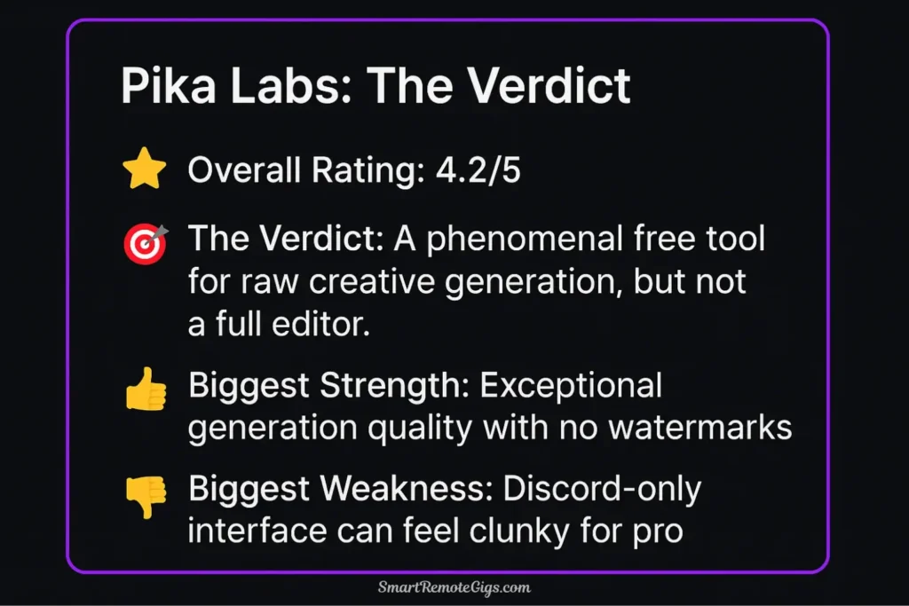 A summary box graphic for the Pika Labs review, with a rating of 4.2 out of 5 stars, noting its strength in creative quality and its weakness in lacking traditional editing tools.