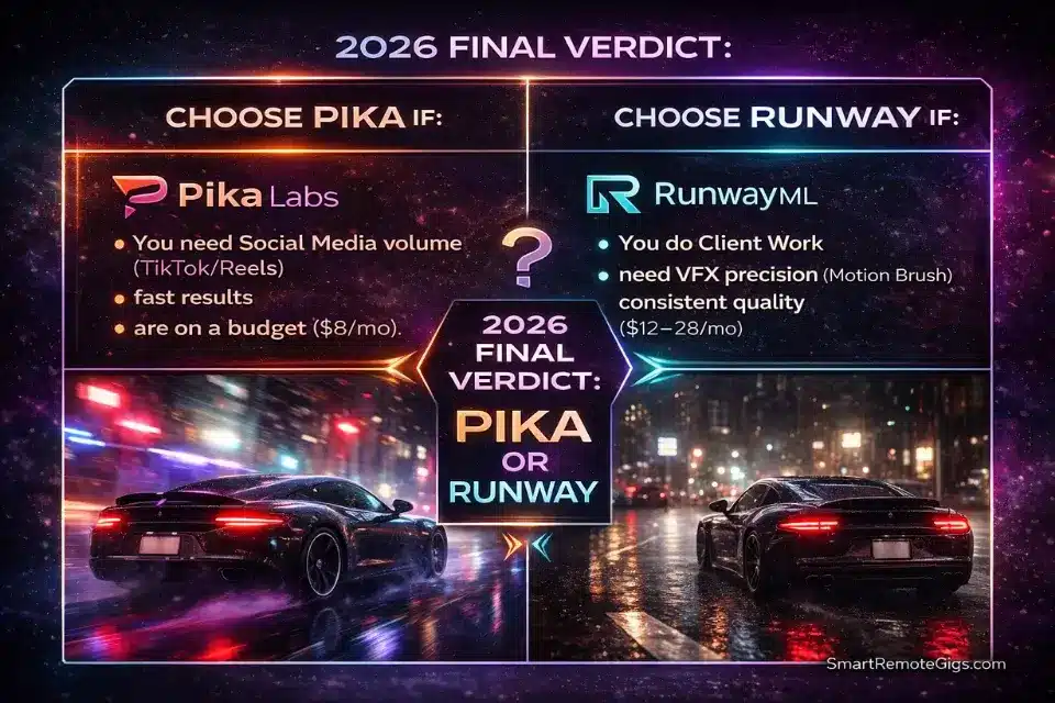 Summary graphic showing the best use cases, pricing, and final verdict for Pika and Runway in 2026.
