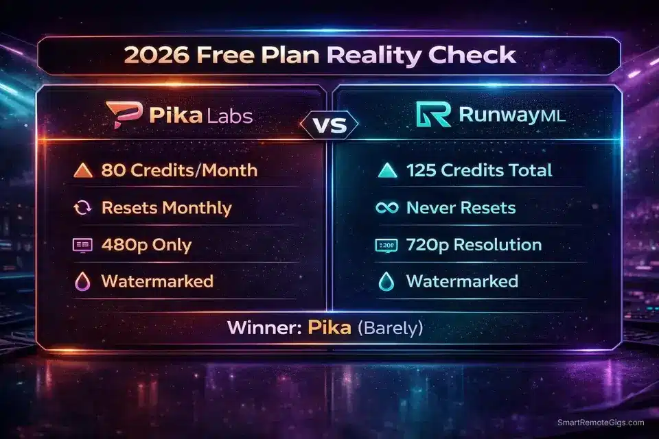 Infographic comparing the 2026 free plans of Pika Labs and RunwayML.