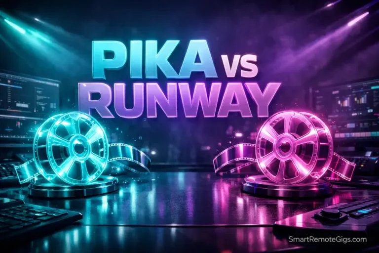 3D cinematic hero graphic comparing Pika Labs vs RunwayML in 2026.