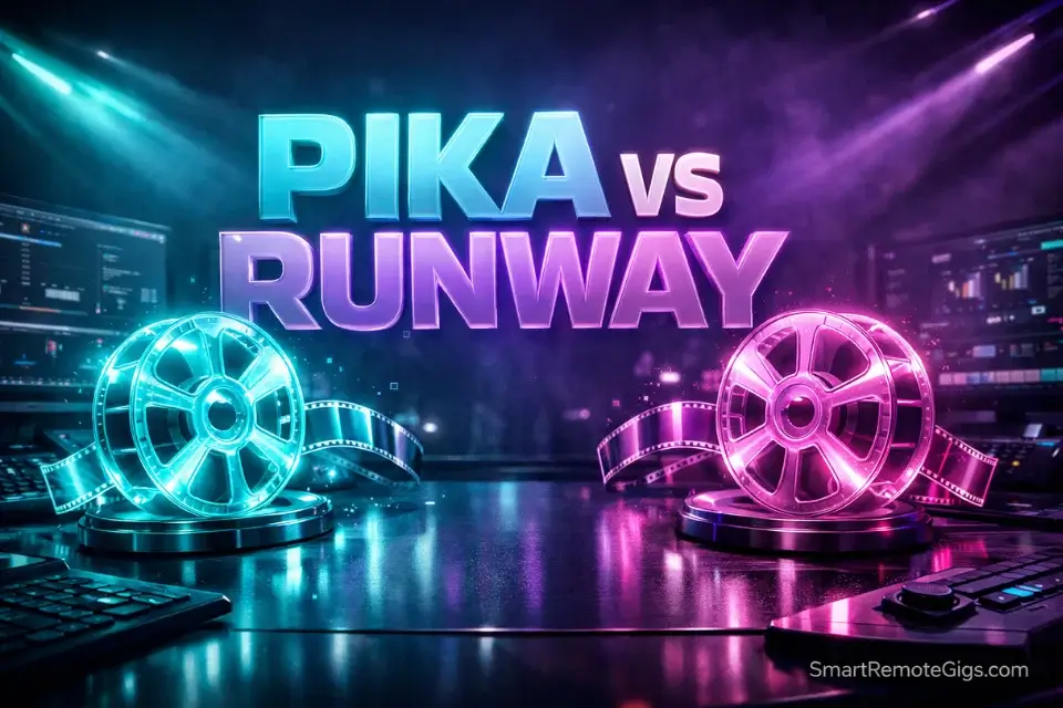 3D cinematic hero graphic comparing Pika Labs vs RunwayML in 2026.