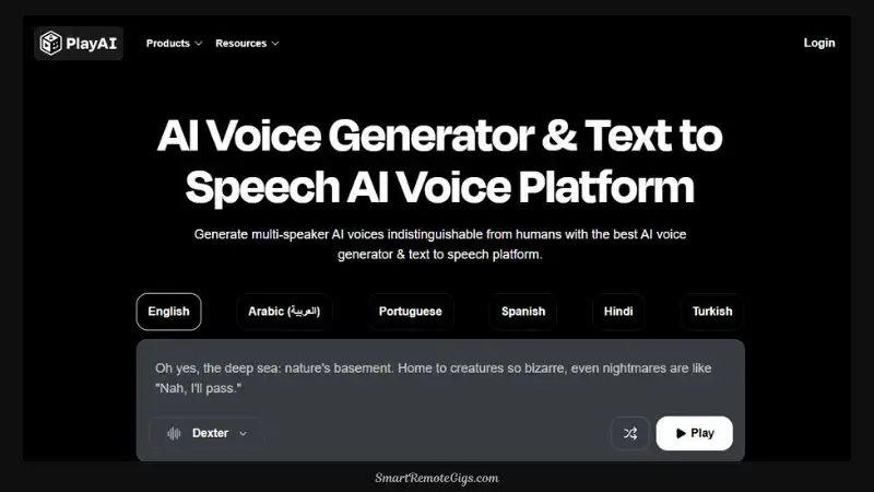 A screenshot of the Play.ht AI voice generator editor, displaying the text-to-speech creation area and advanced options for different voice styles.