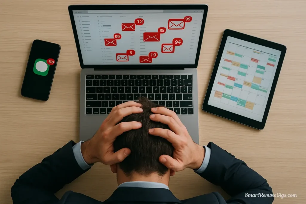 A professional feeling overwhelmed by a flood of emails, chat notifications, and a packed calendar, illustrating the need for digital minimalism at work.