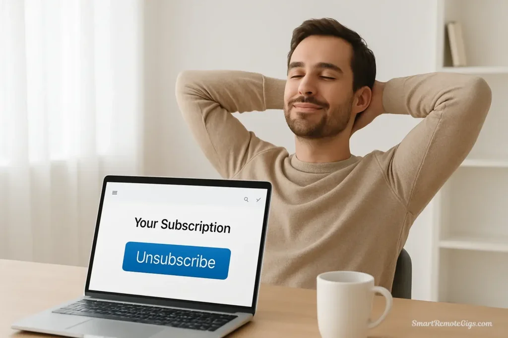 A person feeling relieved after unsubscribing from email newsletters, a tip for reclaiming attention from digital noise.
