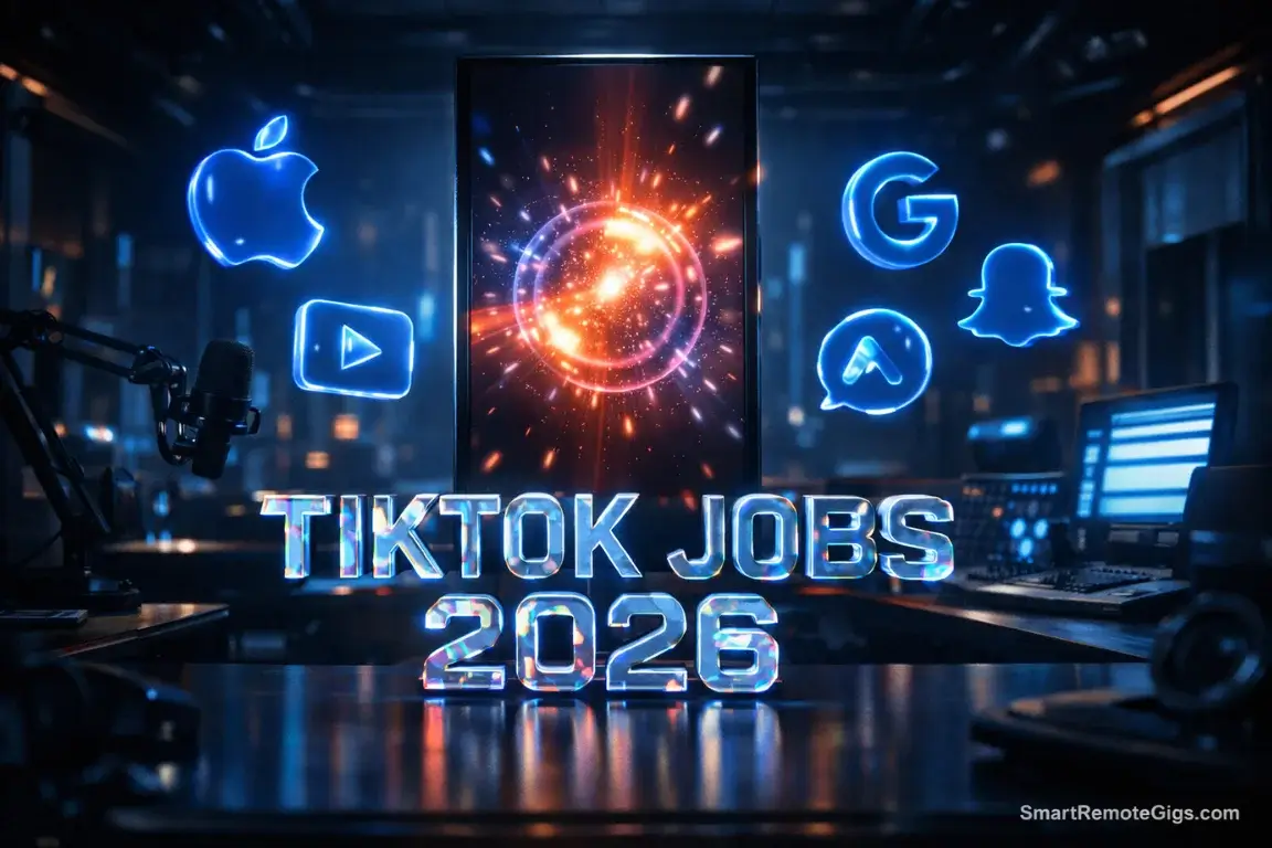 A futuristic studio with vertical monitors and holographic corporate logos, representing high-paying remote TikTok jobs.
