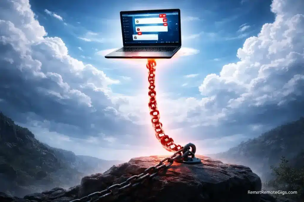 A floating laptop in the sky anchored by a heavy digital cable, symbolizing the freedom vs. anxiety of remote social media work.