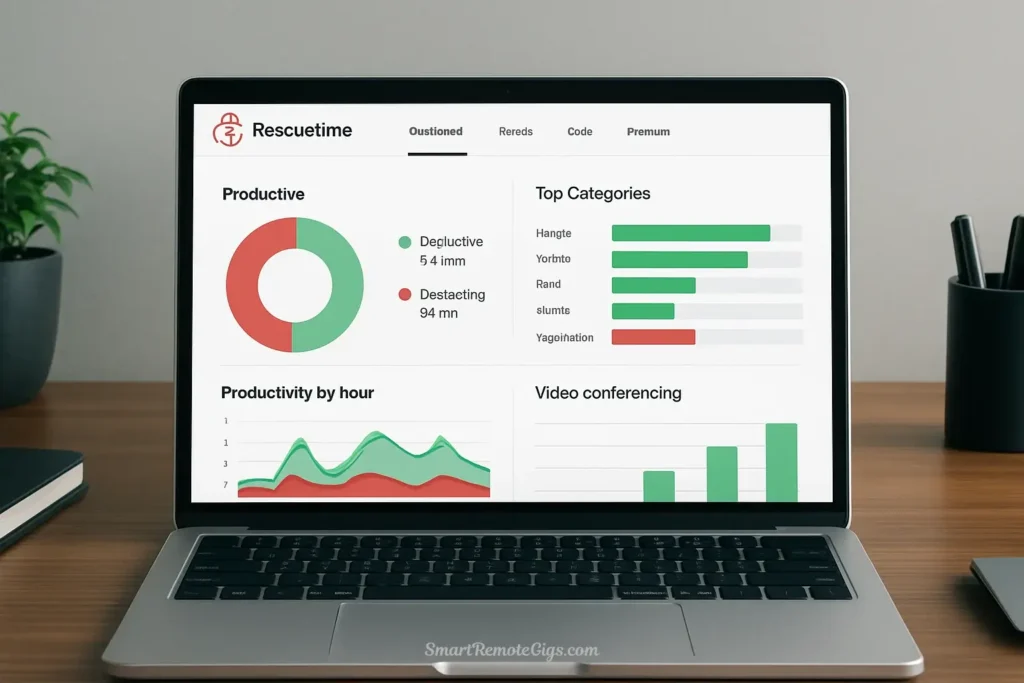 The RescueTime app dashboard on a laptop, showing data and graphs on digital habits, a key tool for digital minimalist self-awareness.