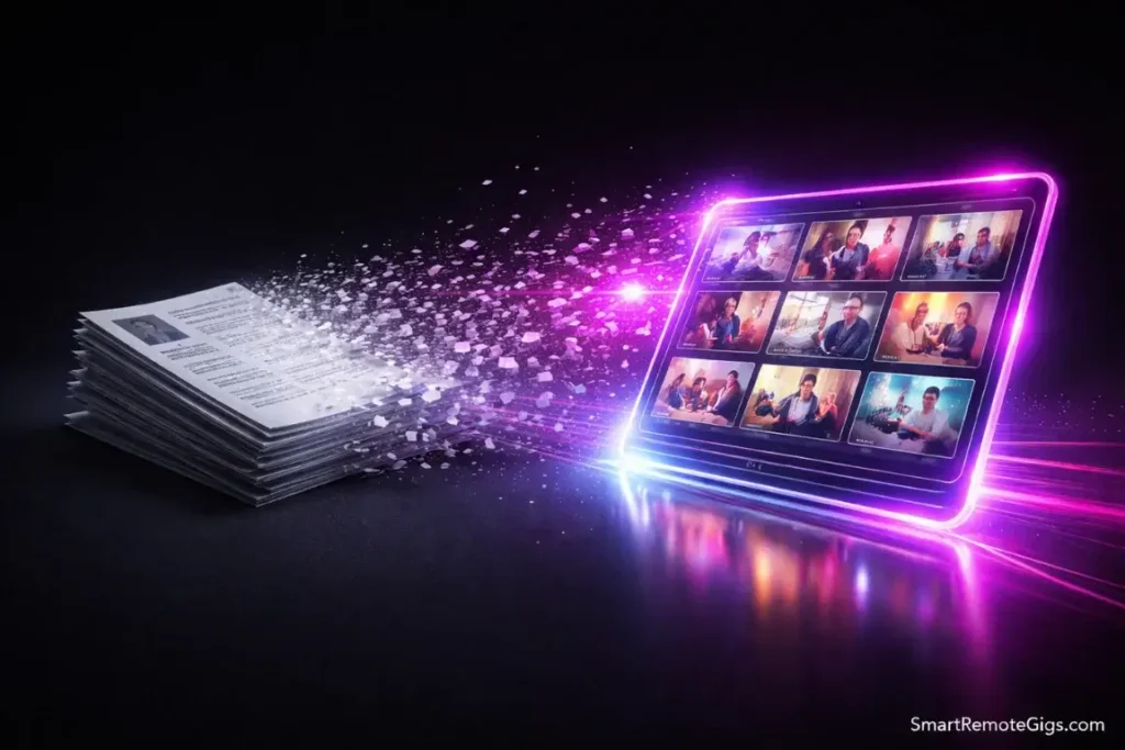 A boring paper resume transforming into a vibrant digital portfolio, symbolizing the "Permissionless" mindset.