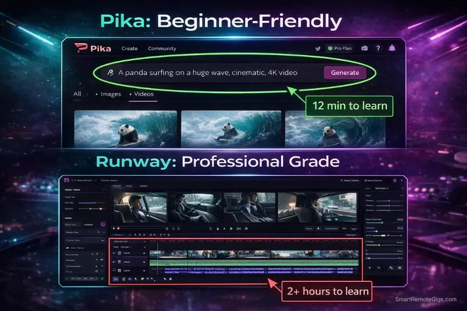Side by side screenshot comparing the user interface and learning curve of Pika Labs and RunwayML.