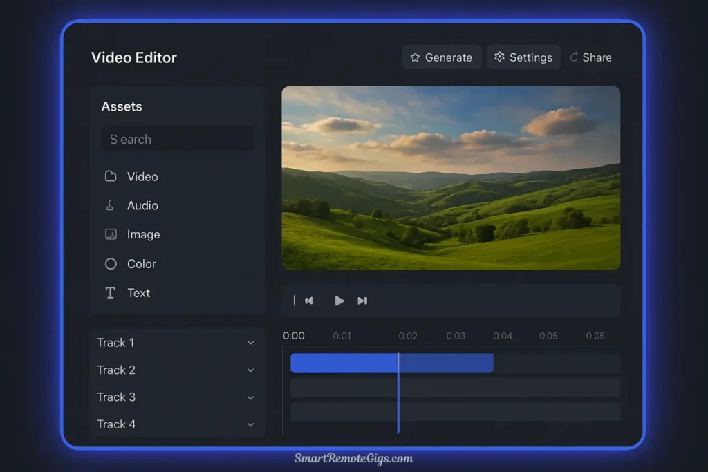 A screenshot of the RunwayML web application, showing its professional, multi-panel video editor interface with a timeline.