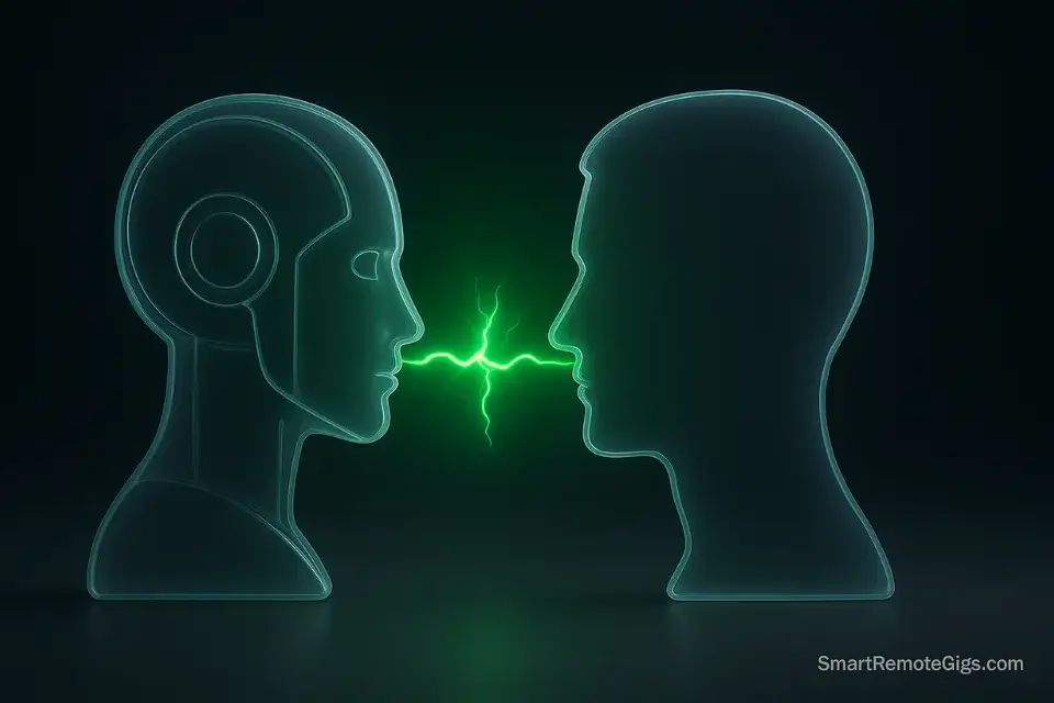 3D glass icon of a robot and human mind connecting, representing AI prompt engineering.