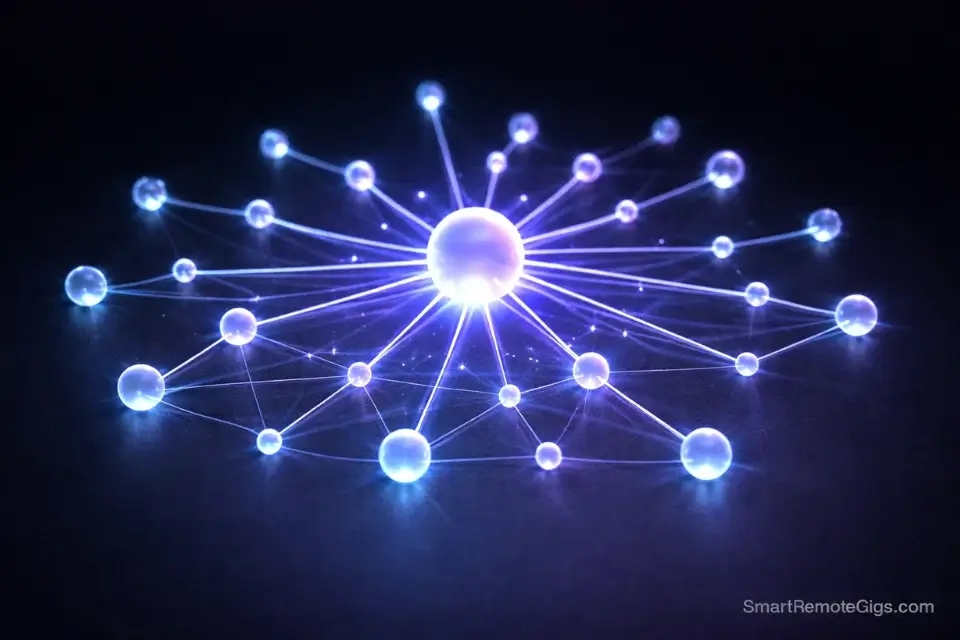 3D glass icon of a connected network hub, representing community management skills.