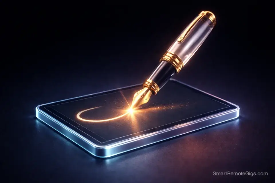 3D glass icon of a pen writing a glowing hook, representing copywriting skills.