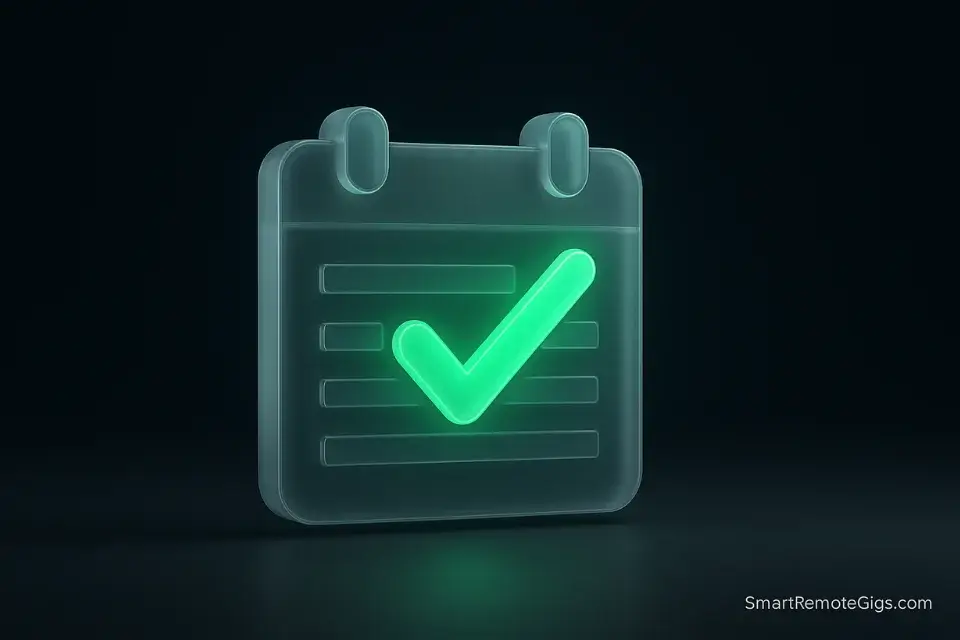 3D glass icon of an organized calendar with checkmarks, representing project management skills.