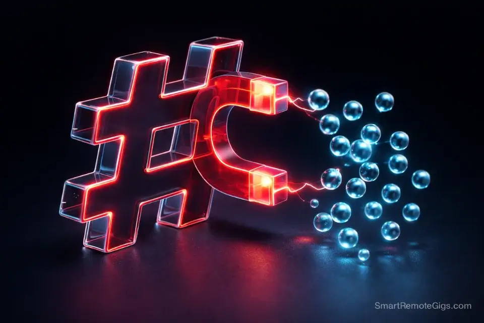 3D glass icon of a hashtag magnet, representing social SEO and discoverability.