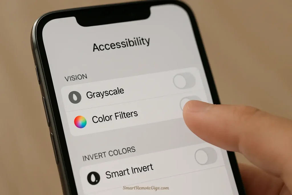 A person enabling the grayscale setting on their smartphone, one of the quick digital minimalism tips for reducing distraction.