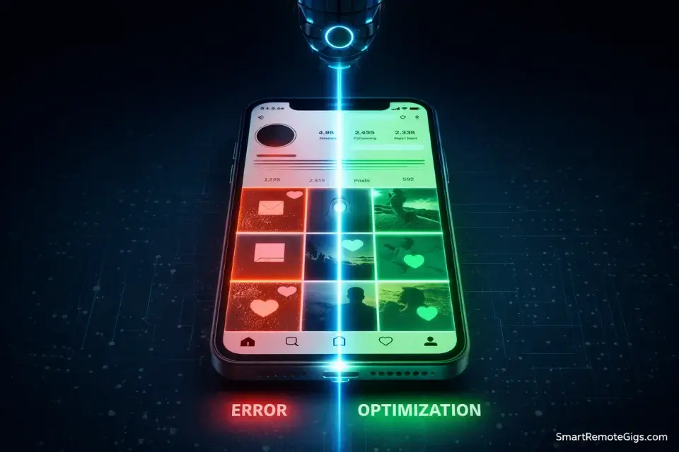 A 3D scan of a social media profile highlighting errors and fixes, representing the social media audit project.