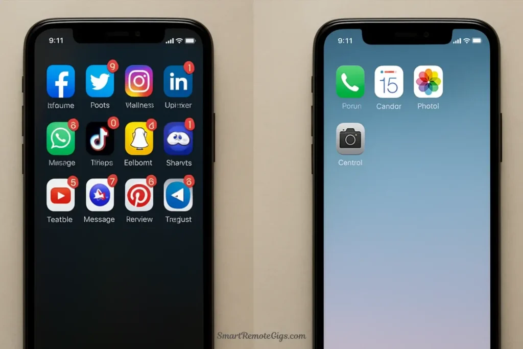 A before-and-after visual of a smartphone screen, showing the transformation from a cluttered, notification-heavy interface to a clean, mindful one after a social media cleanse.