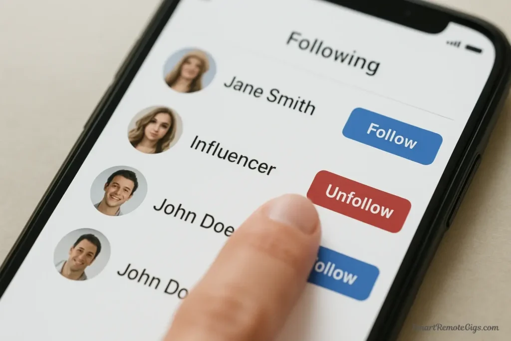 A person unfollowing an account on social media, the first step of the mindful social media cleanse which involves auditing your feed.