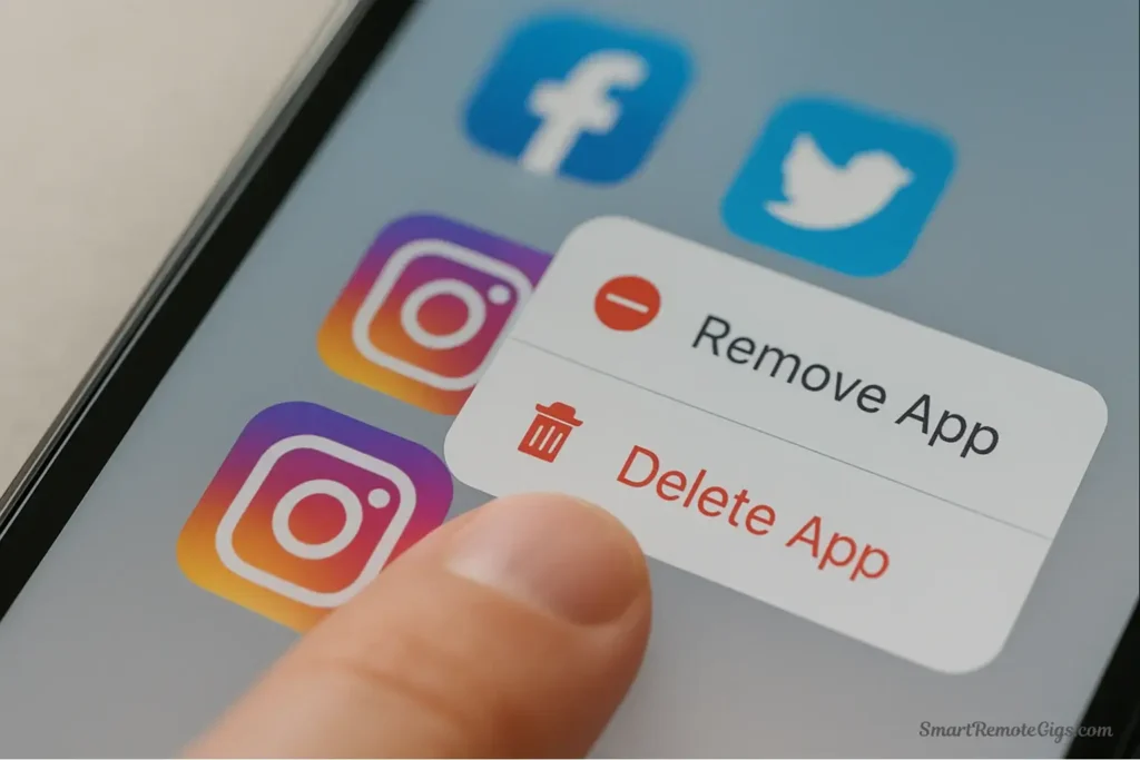 A person deleting a social media app from their phone, a key action in Step 2 of the 7-day social media cleanse.