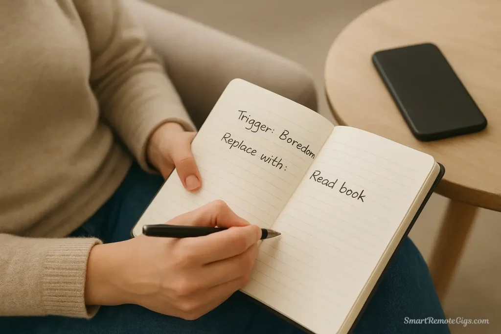 A person writing in a journal to observe their triggers, replacing the habit of scrolling during Step 3 of the social media cleanse.