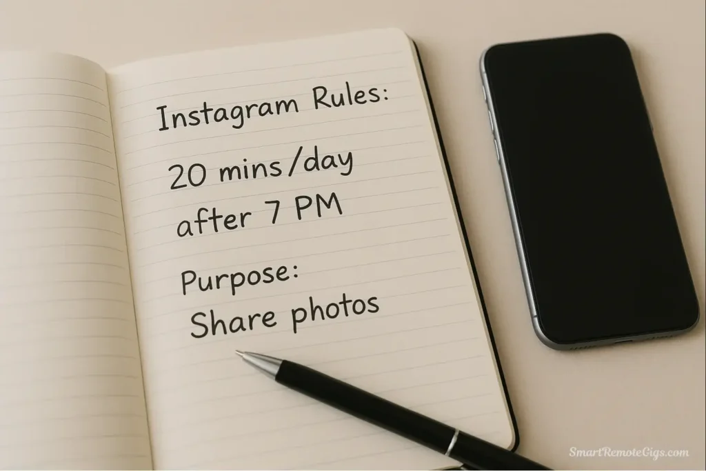 A journal displaying the new, written rules for intentional social media use, the final and most important step of the 7-day cleanse.