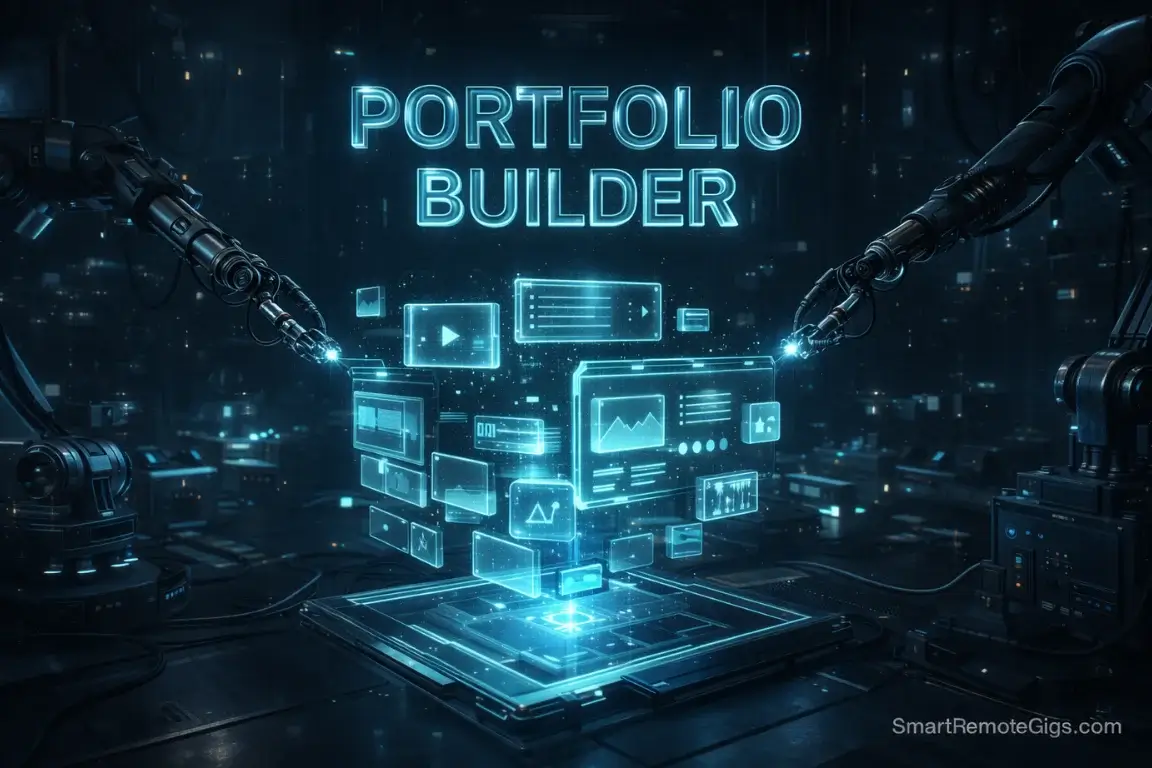 A futuristic digital workshop assembling a social media portfolio, representing the process of building a portfolio from scratch.