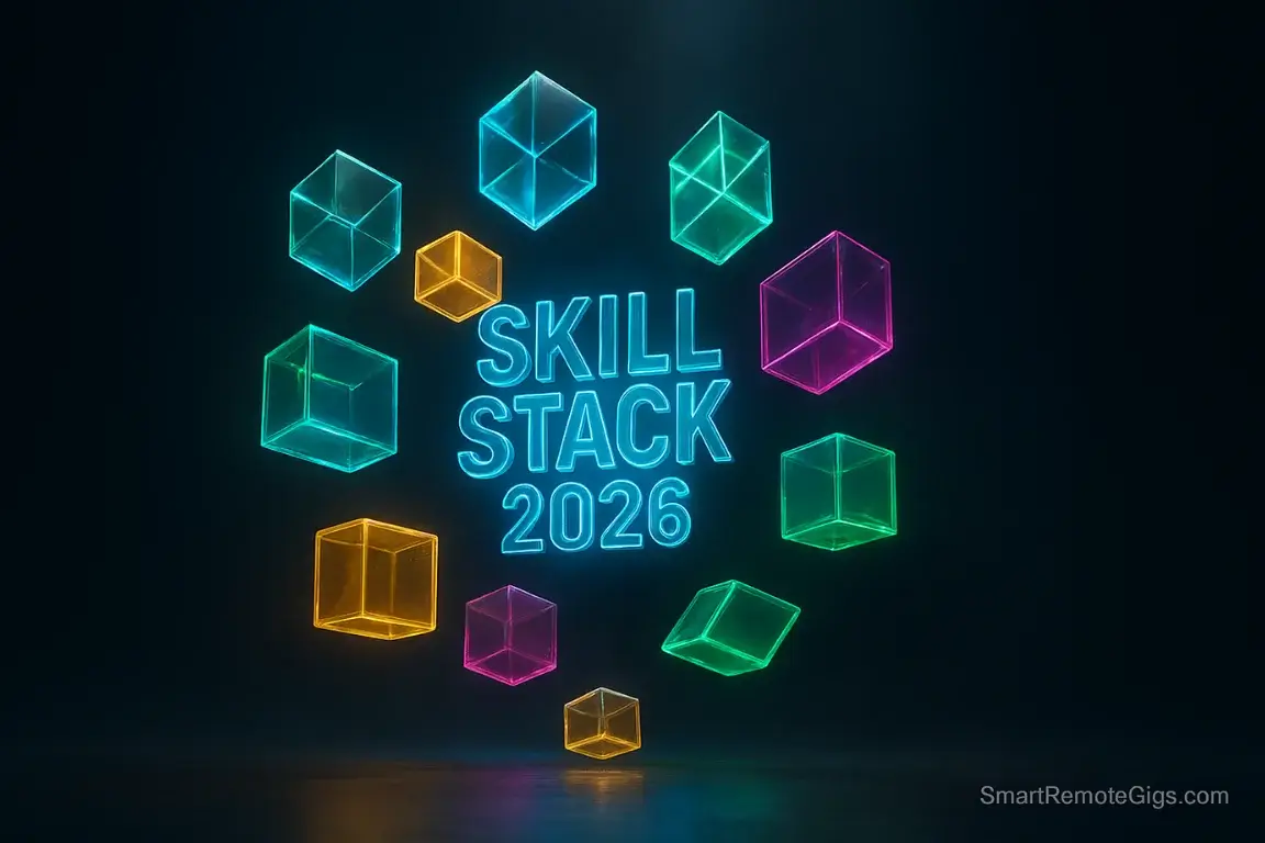 A futuristic visualization of ten glowing glass modules assembling together, representing the essential social media manager skills for 2026.