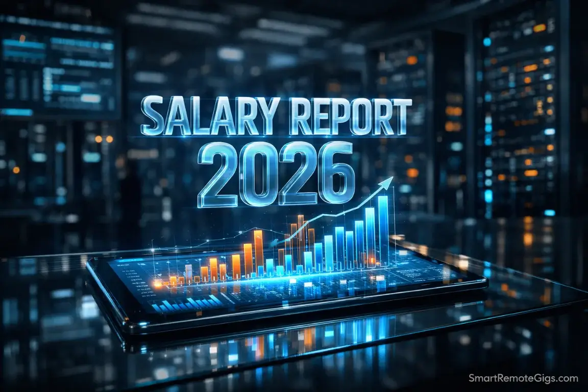 A futuristic holographic tablet displaying the 2026 Social Media Salary Report with rising trend lines.