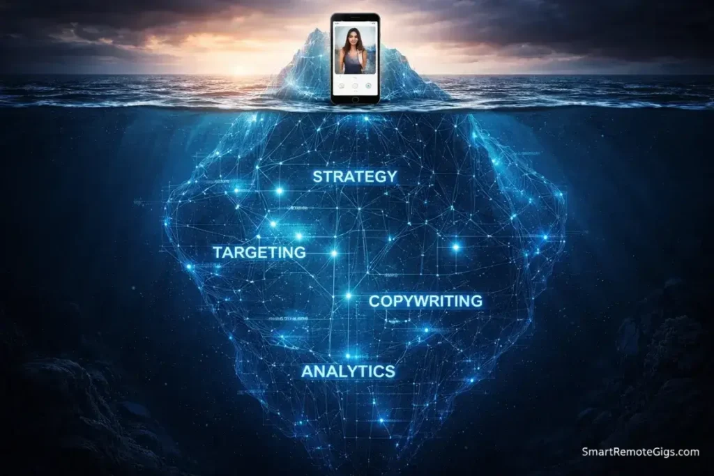 An iceberg metaphor showing a social media post at the top and the massive strategic work required beneath the surface.