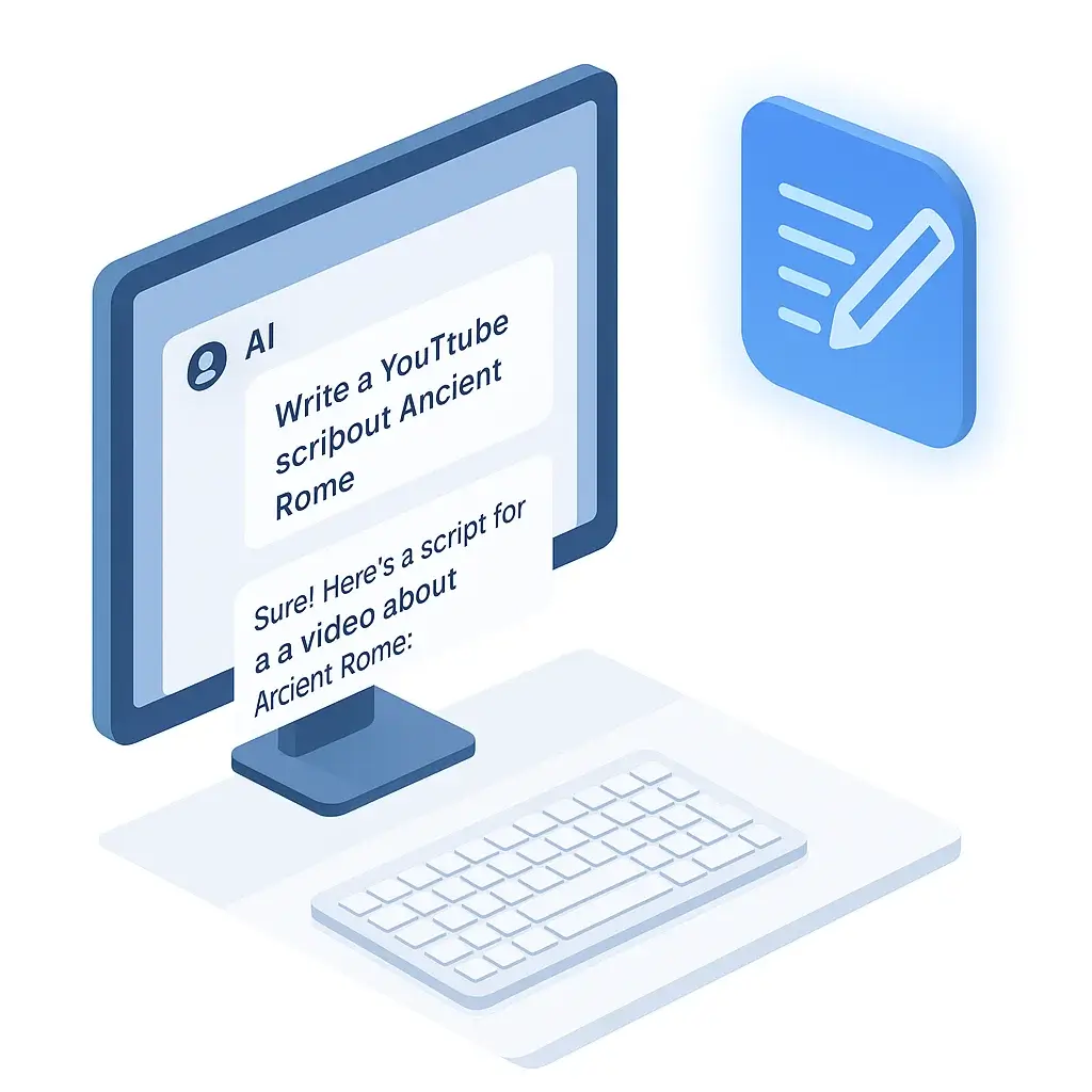 An illustration for step 1 of making a faceless video: an AI script being generated on a computer screen for a YouTube video.