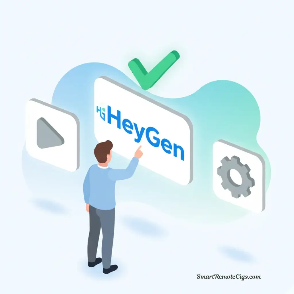 An illustration for step 1 of creating an AI avatar: a person choosing the HeyGen platform from a selection of AI tool logos.