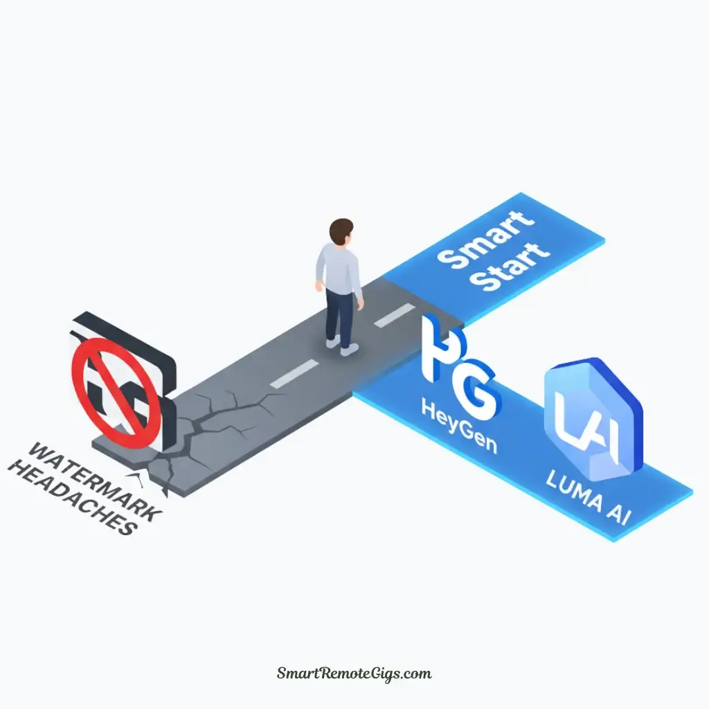 An illustration for step 1 of removing watermarks: choosing a path with AI tools like HeyGen that don't have watermarks from the start.
