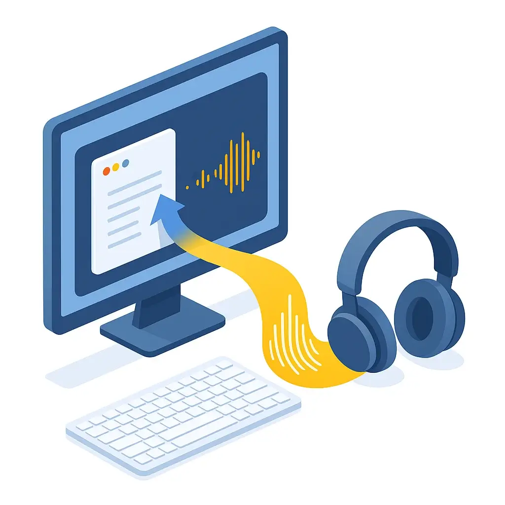 An illustration for step 2 of making a faceless video: a script being converted into a high-quality audio file by an AI voice generator.