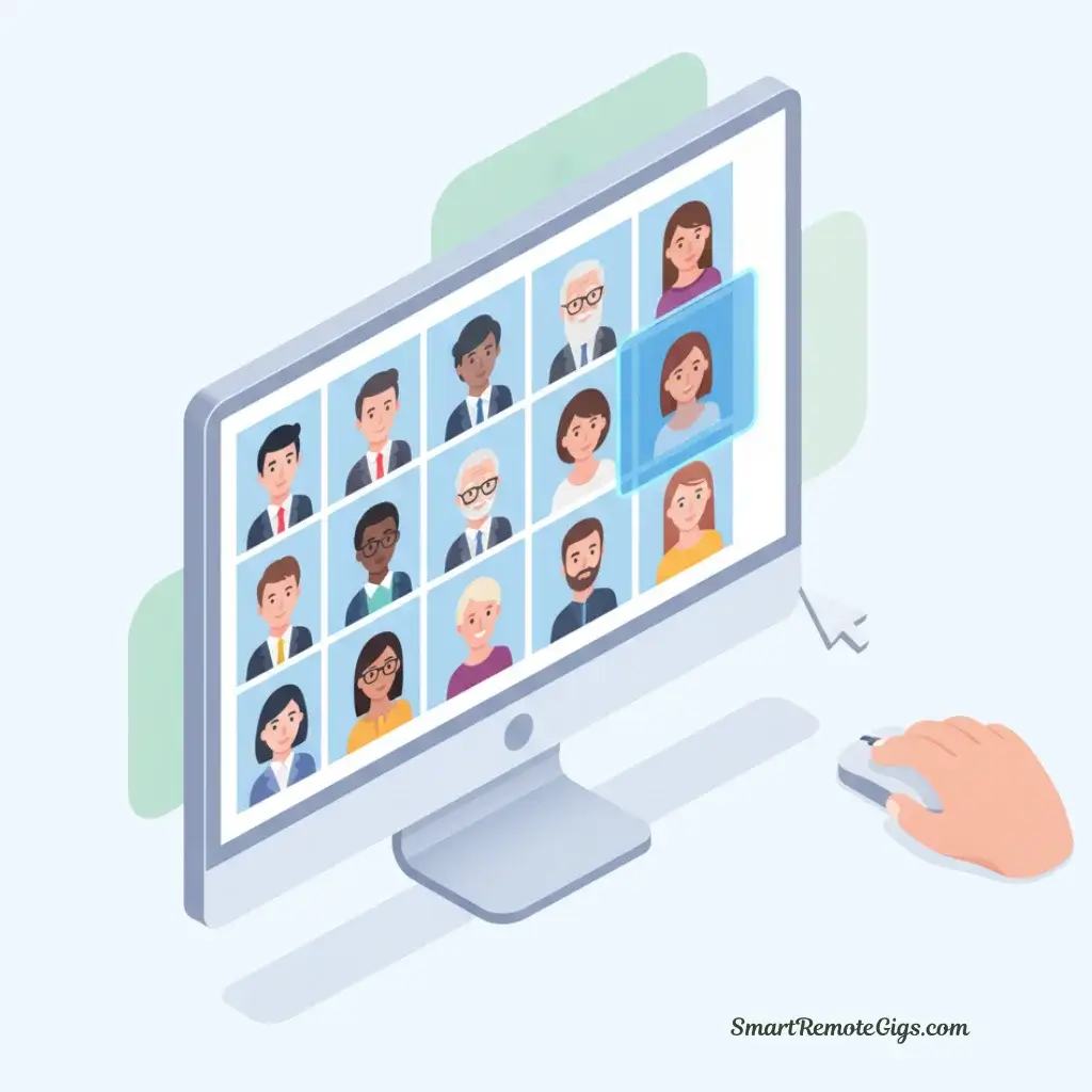 An illustration for step 2 of creating an AI avatar: a user browsing and selecting a professional avatar from a diverse library on a screen.