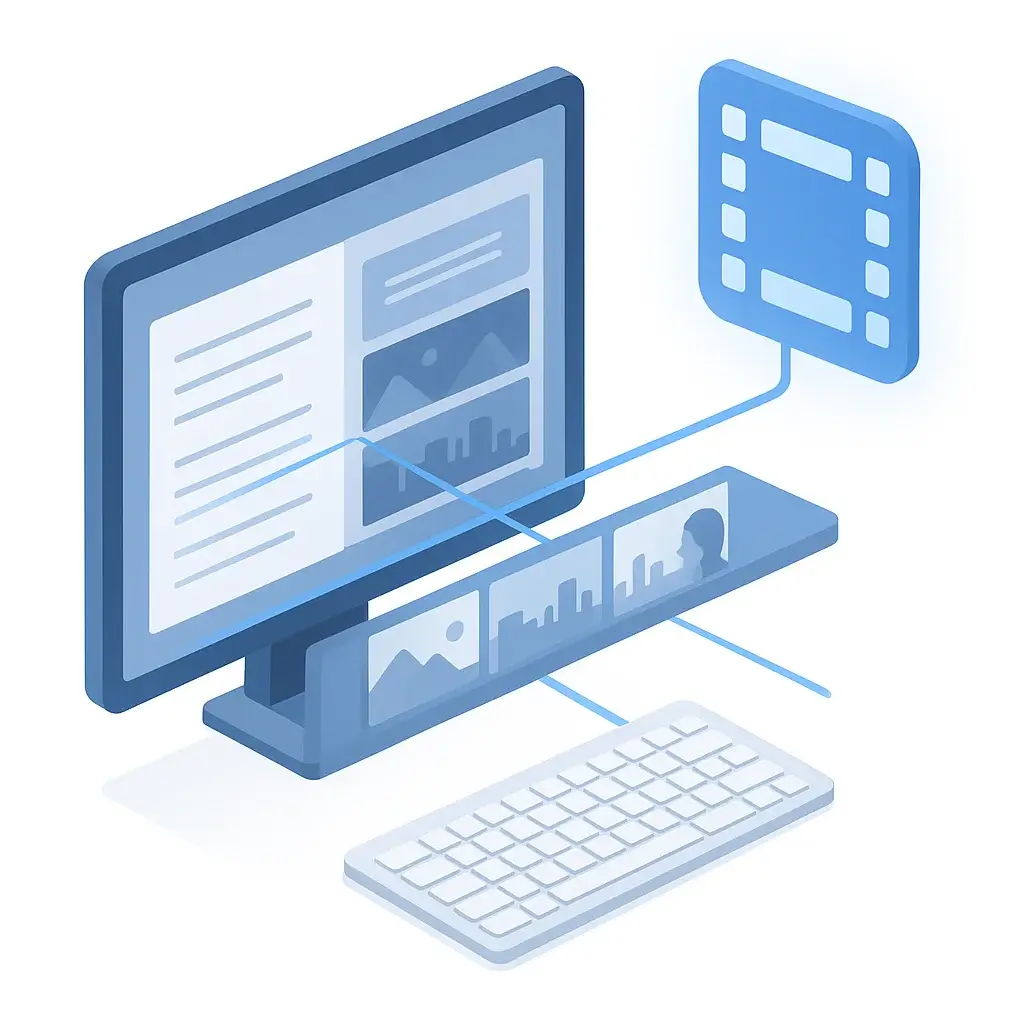 An illustration for step 3 of making a faceless video: an AI tool automatically matching stock video clips to a script to assemble a video.