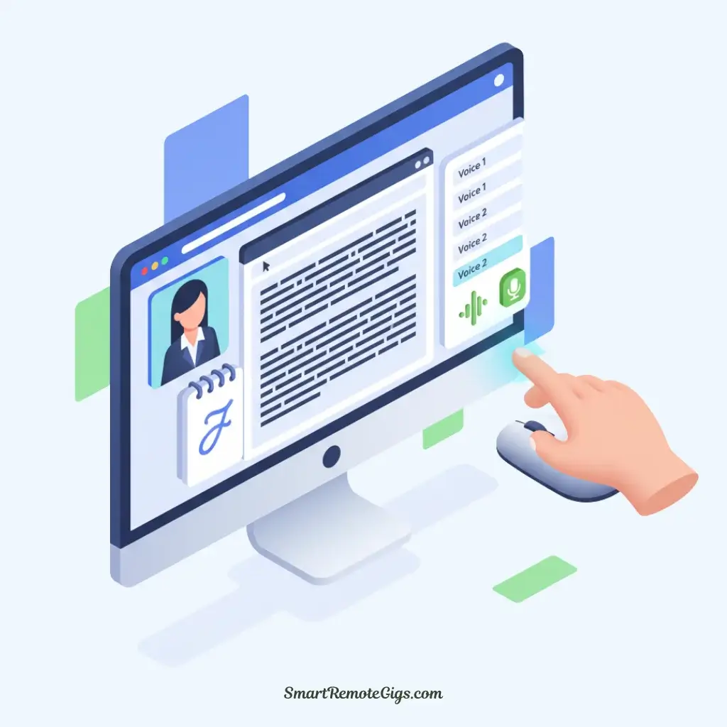 An illustration for step 3 of creating an AI avatar: a user inputting a script and selecting a voice for their chosen avatar.