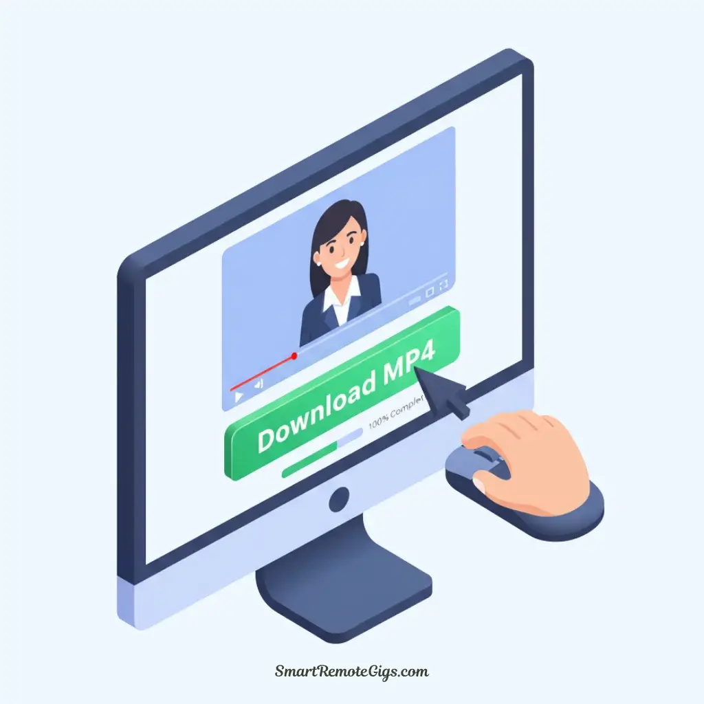 An illustration for step 4 of creating an AI avatar: a final video being generated and a download button being clicked.