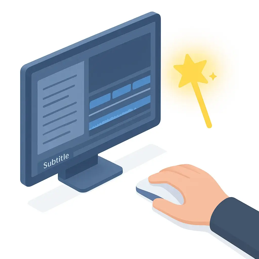 An illustration for step 4 of making a faceless video: adding final touches like captions, music, and effects in a video editor.