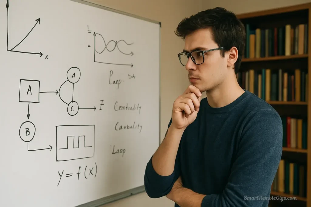 A student using a whiteboard to map out a complex problem, representing advanced deep learning strategies for digital minimalism.