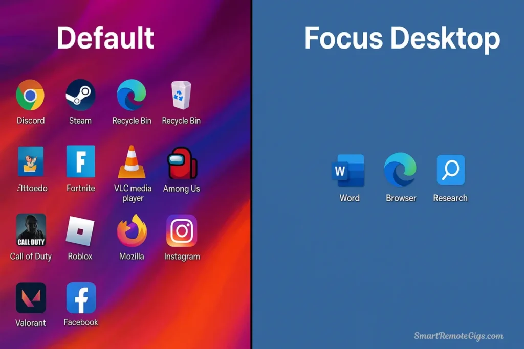 A comparison showing a cluttered computer desktop versus a clean 'Focus Desktop,' the main strategy in this guide for focused studying.