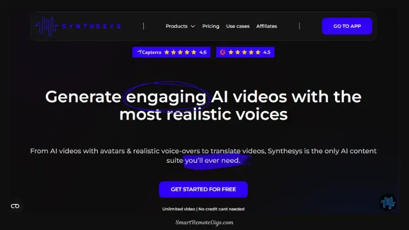 A screenshot of the Synthesys AI Studio, showing the interface for generating voiceovers and selecting from its library of AI video avatars.