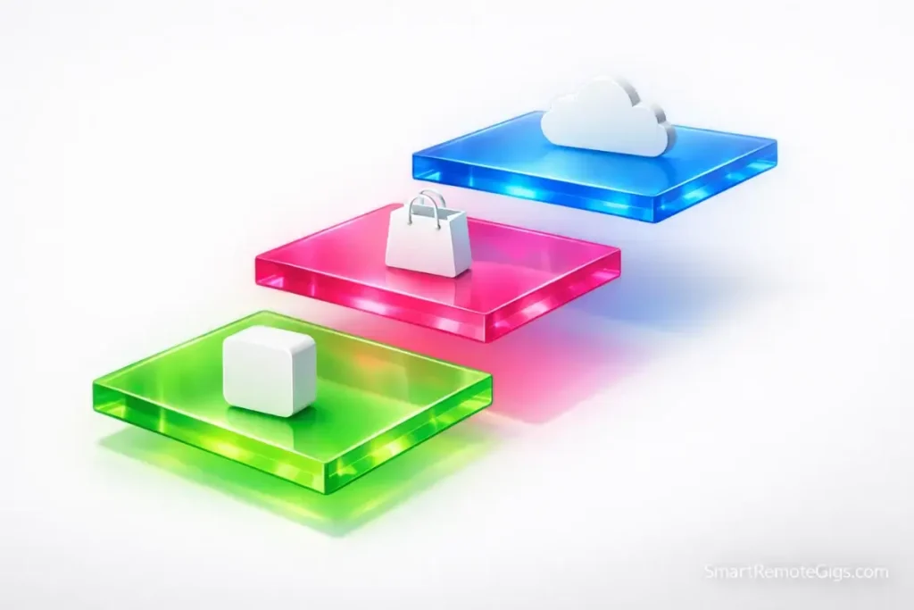 Three floating platforms representing the SaaS, DTC, and App industry tiers for TikTok jobs.